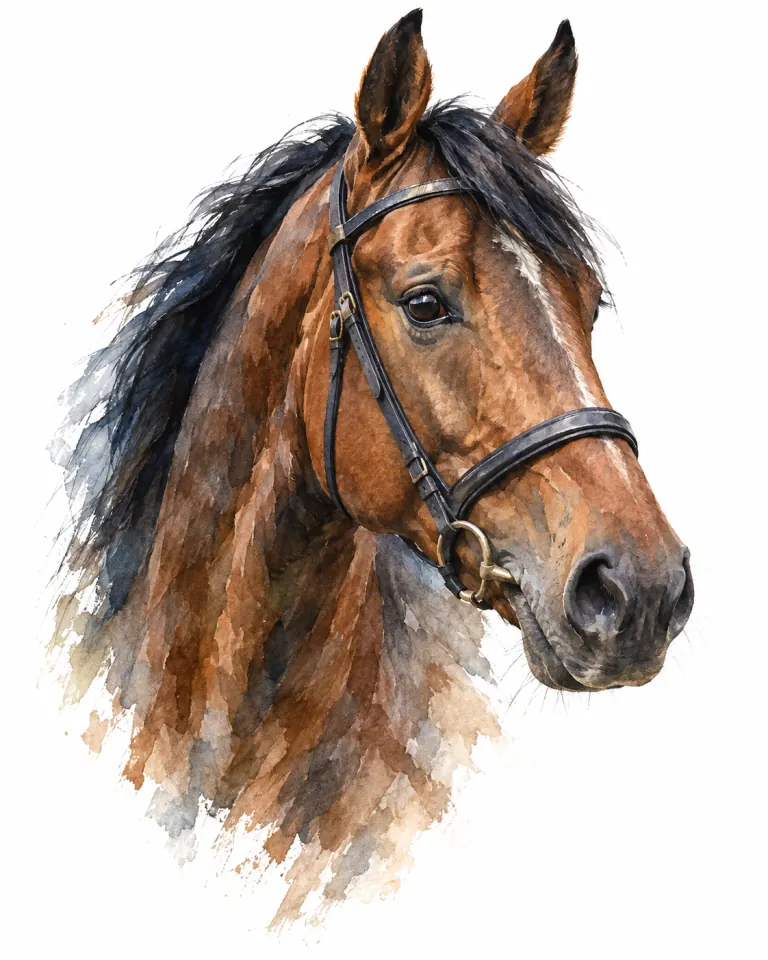 Watercolor portrait of a bay horse.
