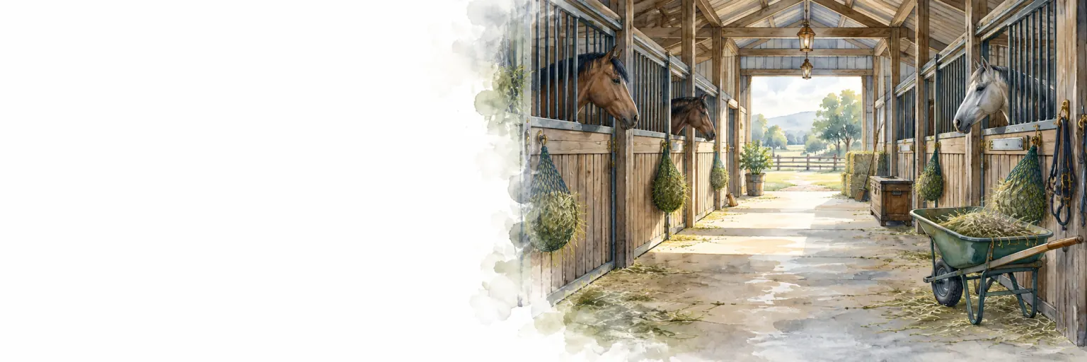 Watercolor looking down a working stable aisle, with horses at their stalls.